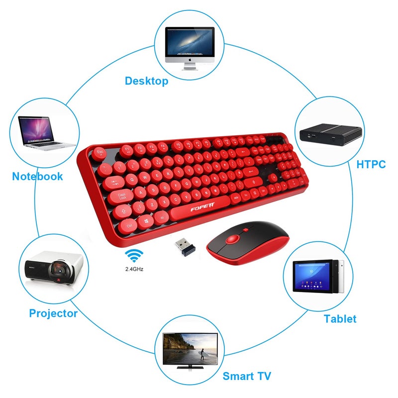 FOPETT Wireless Keyboard and Mouse Combo, 104 Keys Full-Sized 2.4 GHz Round Keycap Colorful Keyboards, USB Receiver Plug and Play, for Windows, Mac, PC, Laptop, Desktop (Black Red) - Image 2